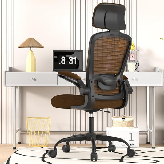 Ergonomic Mesh Office Chair, High Back Computer Desk Chair with Adjustable Lumbar Support & Headrest, Swivel Task Chair with Flip-Up Armrests for Home & Office (English, Brown)-0