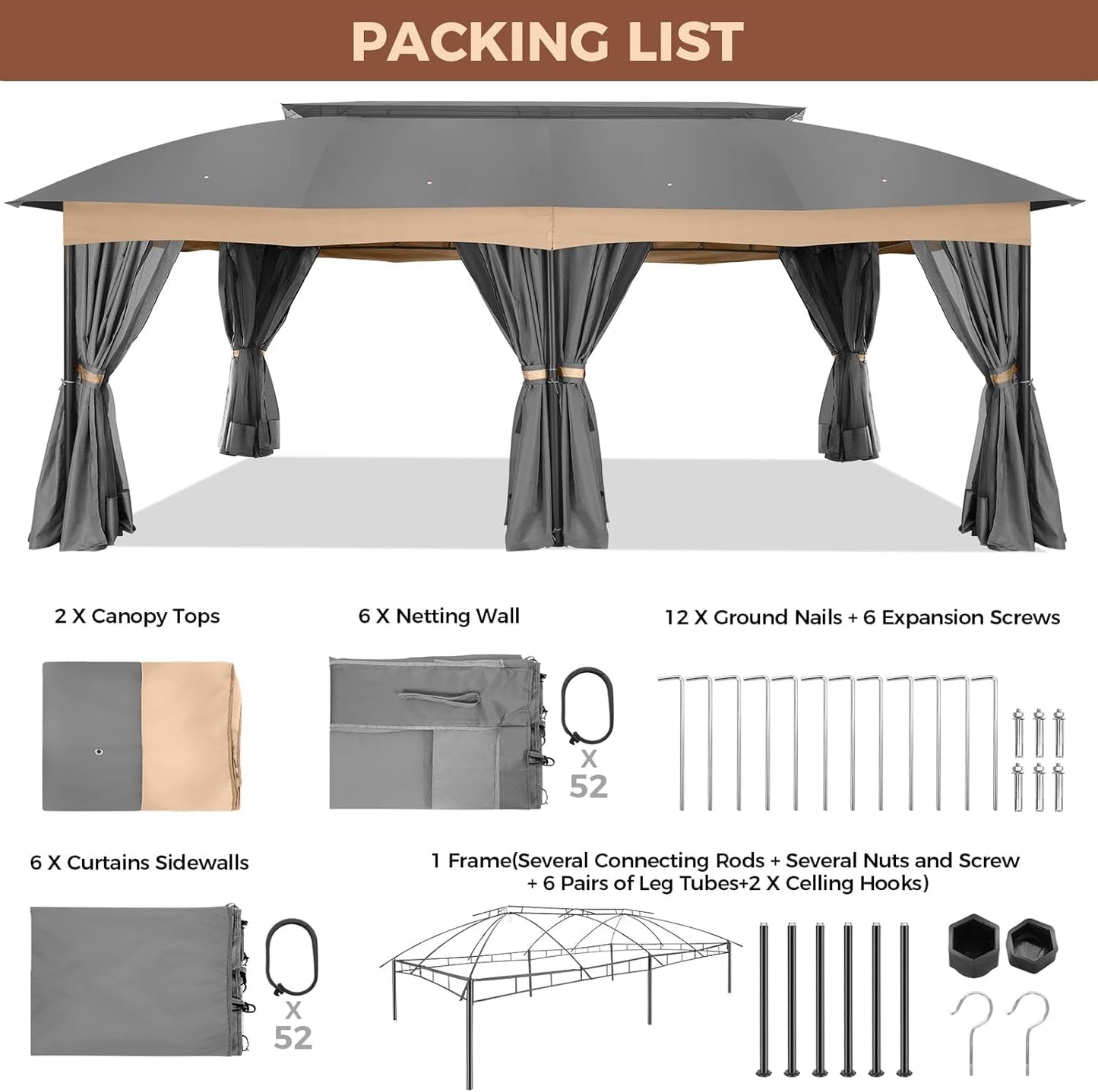 12x20 Heavy Duty Gazebo with Curtains Netting Grey-1