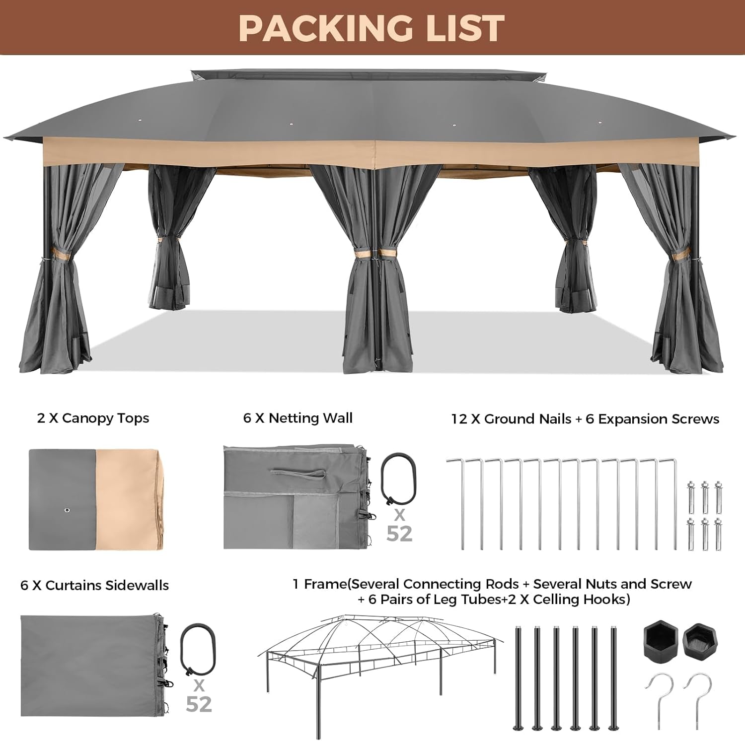 12x20 Heavy Duty Gazebo with Curtains Netting Grey-1