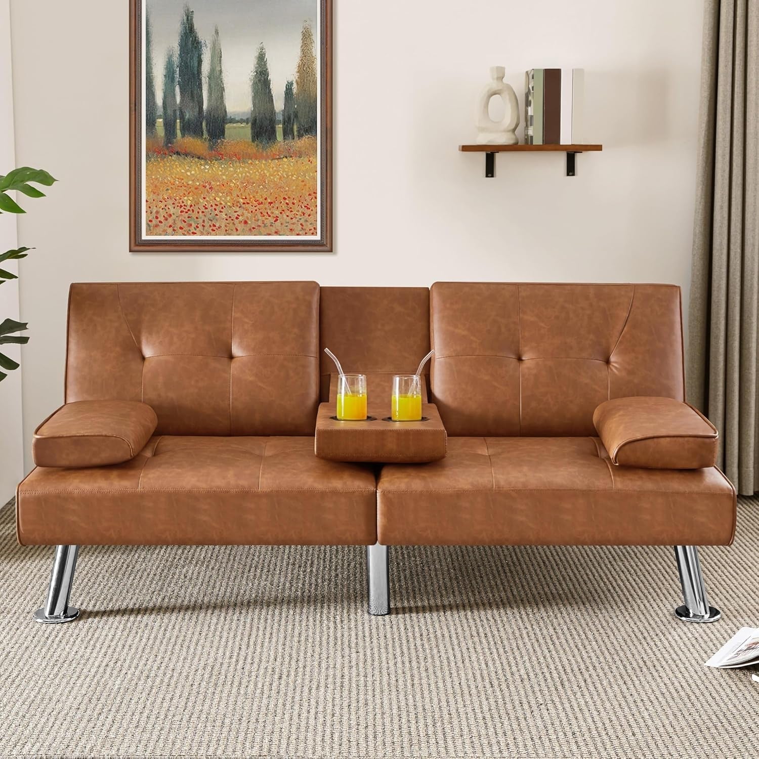 Convertible Sofa Bed Adjustable Couch Sleeper Modern Faux Leather Home Recliner Reversible Loveseat Folding Daybed Guest Bed, Removable Armrests, Cup Holders, 3 Angles, 772Lb Capacity, Brown-0