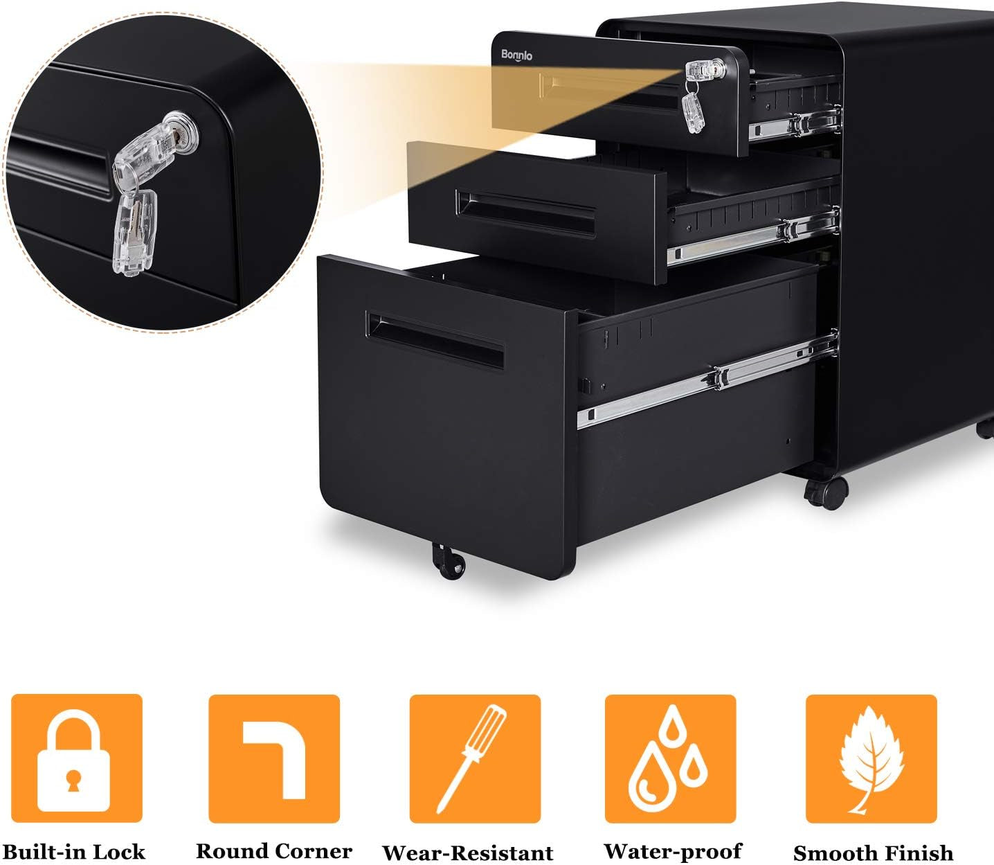 23.8" H 3 Drawer Rolling File Cabinet with Lock, Mobile File Cabinet under Desk with Pencil Tray, Black Locking File Cabinet for Home Office, Metal Filing Cabinet Printer Stand Fully Assembled-4