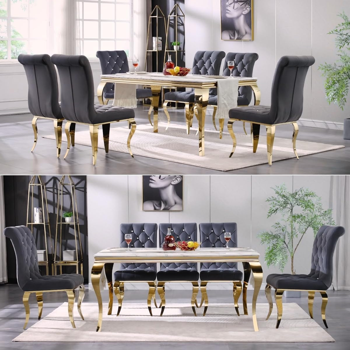 Dining Table, 63 Inch White and Gold Rectangle Dining Room Table with Gorgeous Polished Cabriole Legs-3