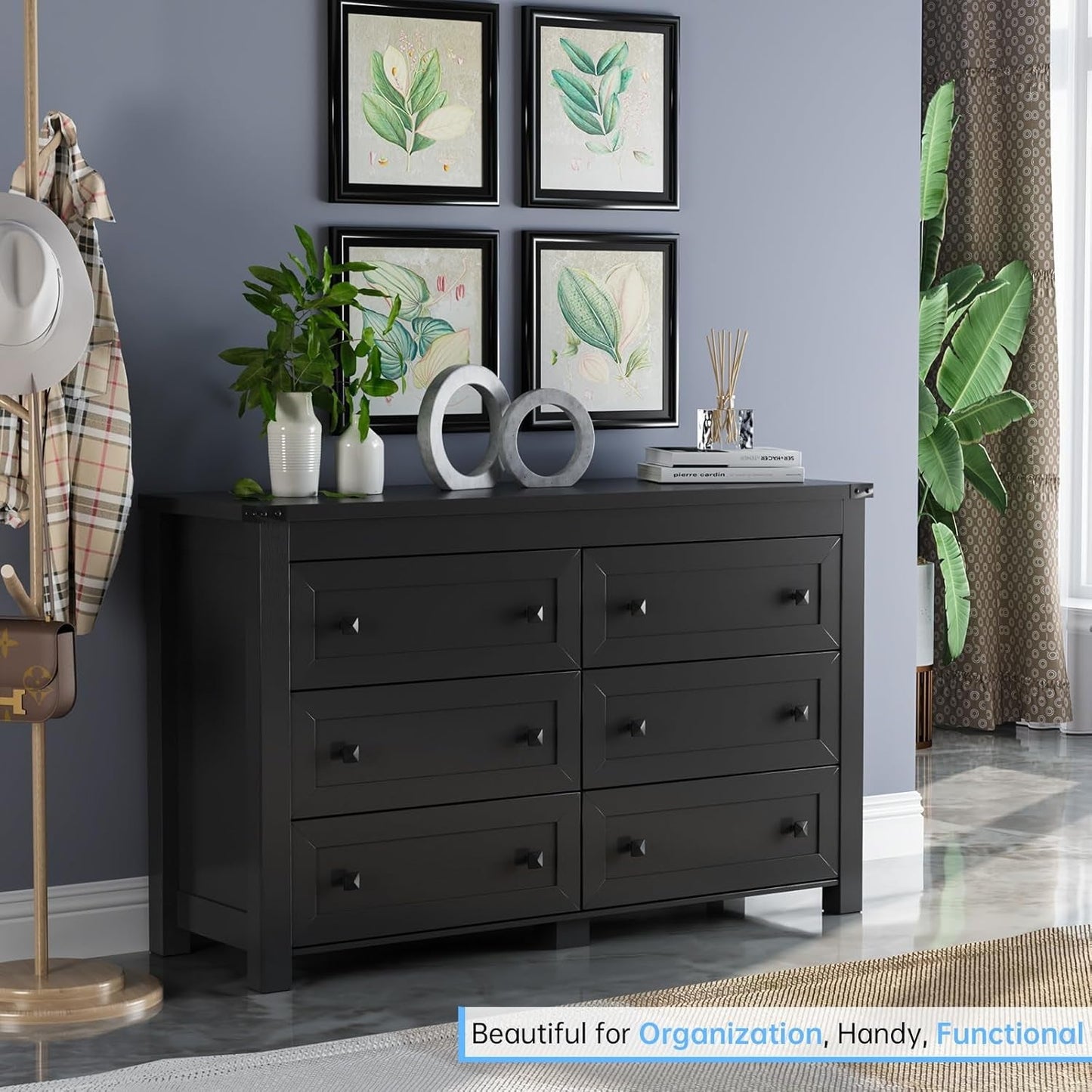 Black Dresser for Bedroom with 6 Drawers, Modern Chest of Drawers, Wood Dressers Bedroom Furniture Wide Storage Drawers Dressers Organizer for Closet, Living Room, Hallway-1