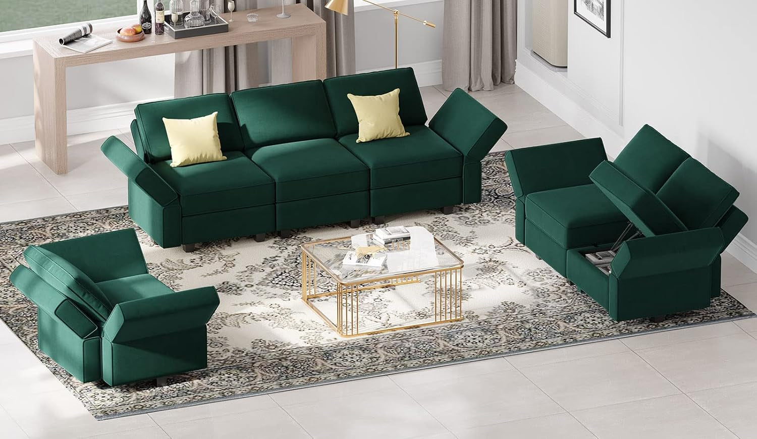 Modular Living Room Sofa Set 3 Seat Sofa Loveseat and Chair Set with Storage Seats Modular Living Room Furniture Set Velvet Green-2