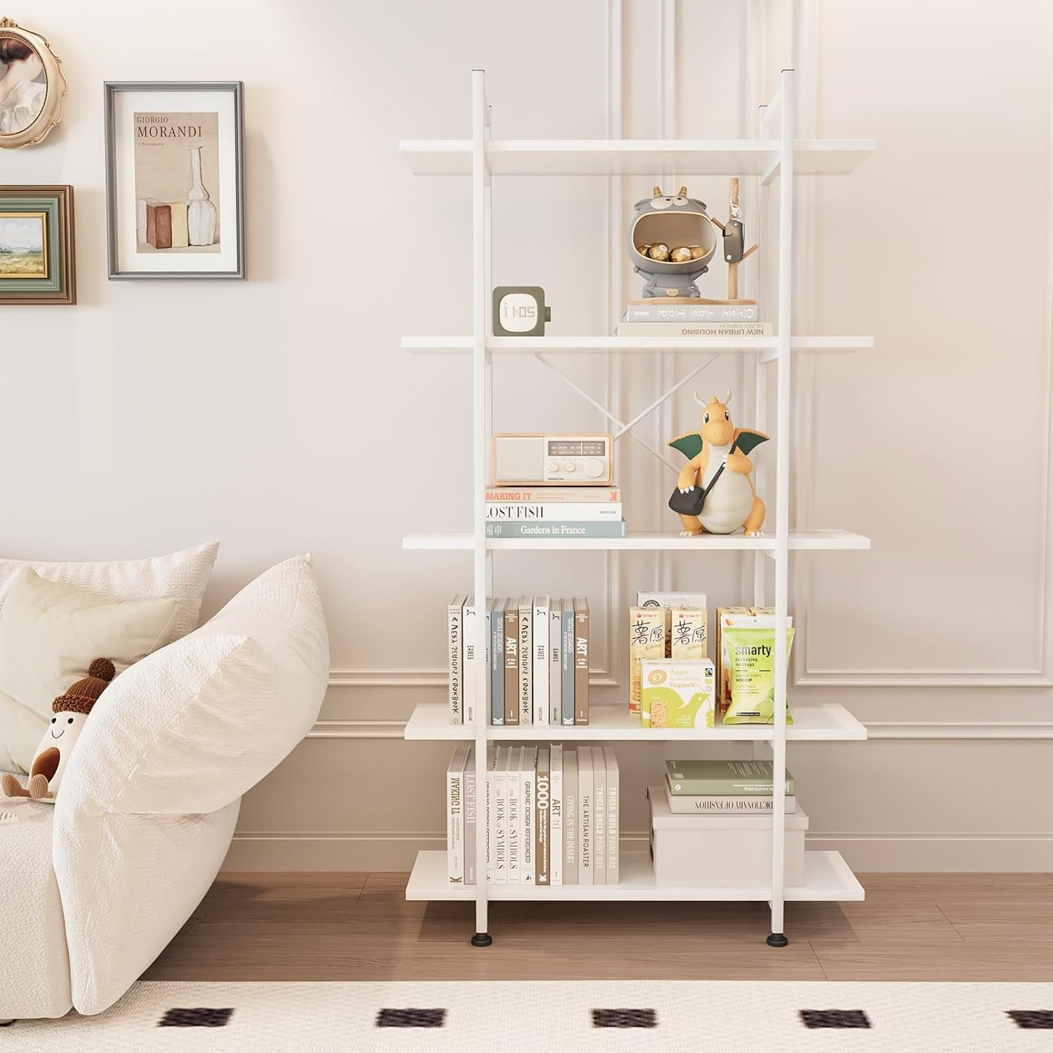 Bookshelf 5 Tiers White Wooden Storage Shelf,Modern Open Display Storage Bookcase Book Organizer,Metal Bookshelf Standing Storage Shelf Tall Shelving Units for Home Office Study-2