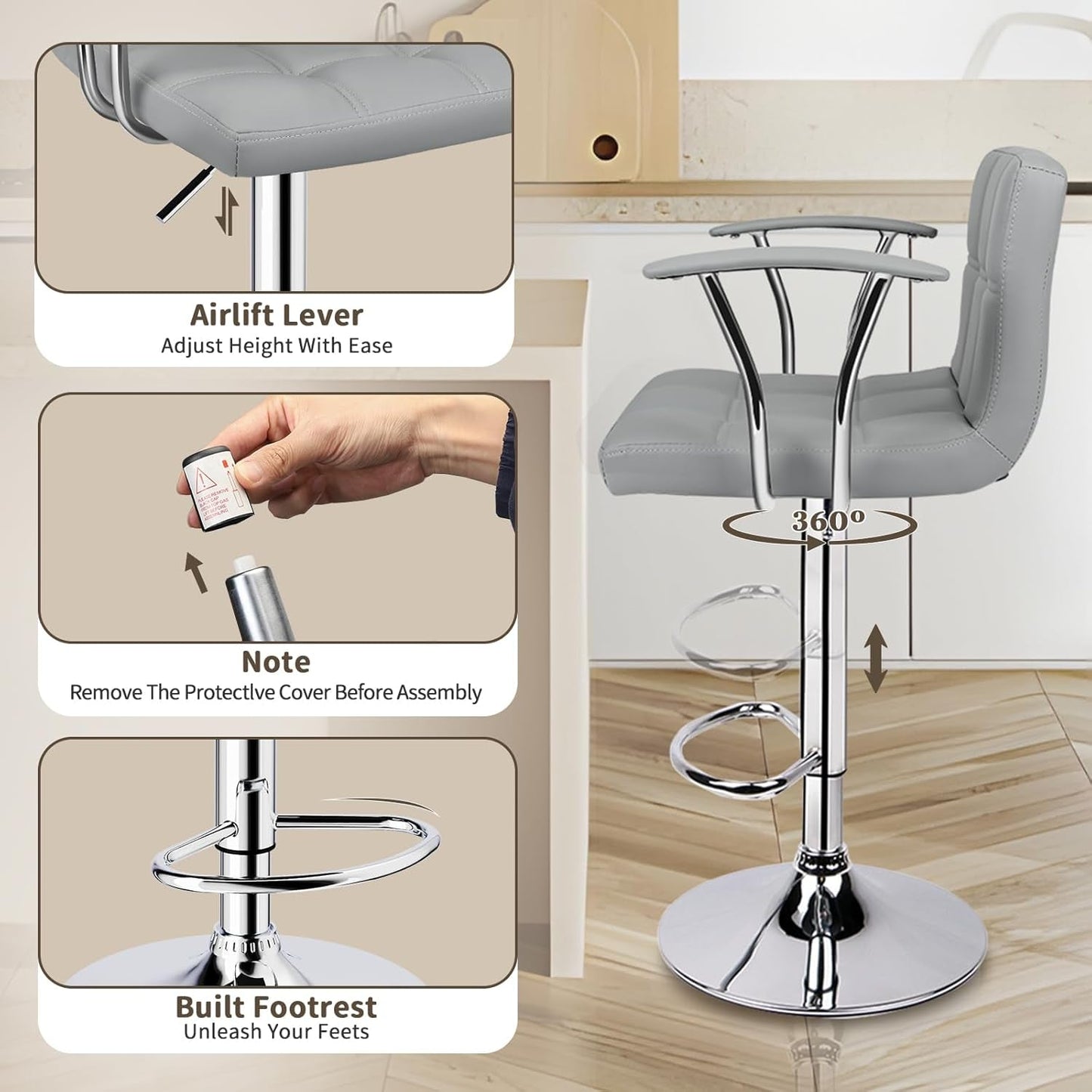 Bar Stools Set of 2,Armrest Adjustable Swivel Barstools with Back,Double Needle PU Leather Counter Height Bar Stools for Kitchen Island, Light Grey-4