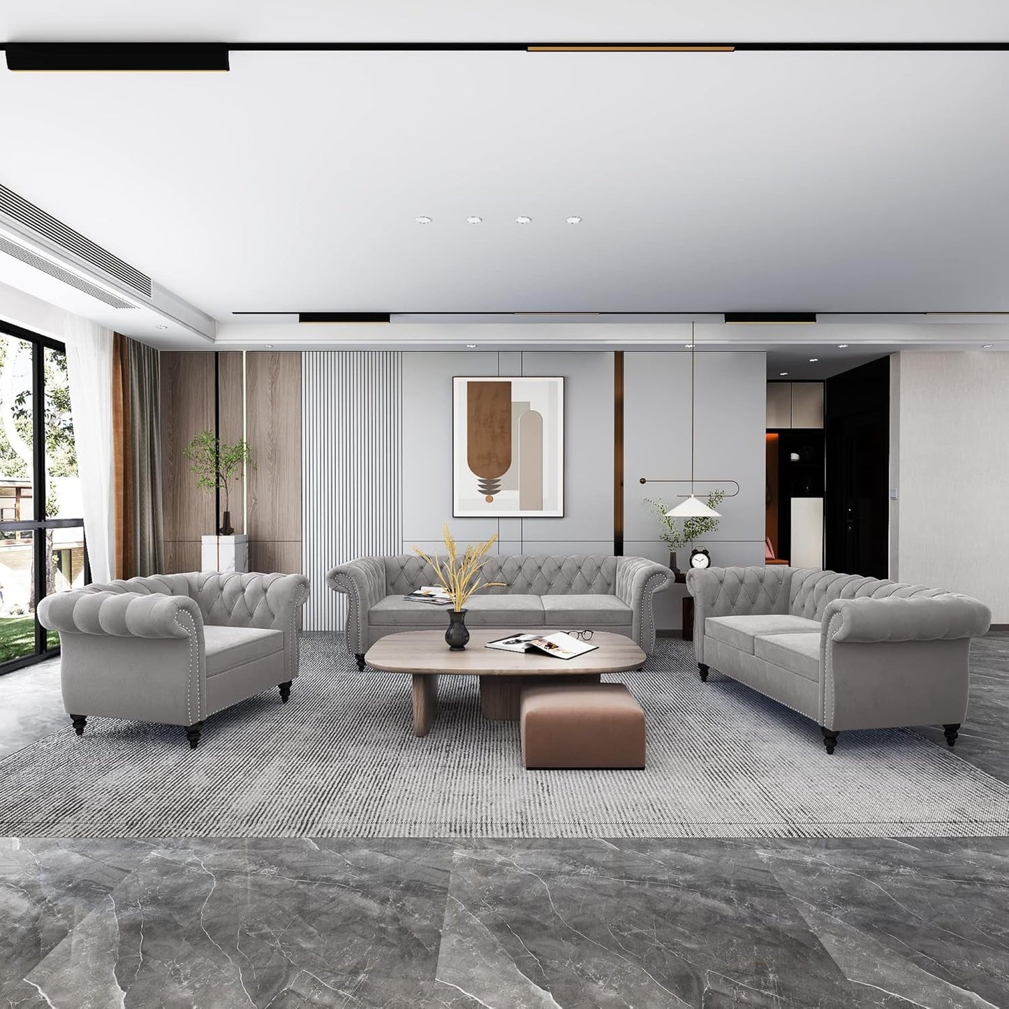 3 Piece Living Room Set, Sectional Chesterfield Sofa Chair Contemporary Upholstered Velvet Loveseat Couch Sets for Living Room, Bedroom, Office-0