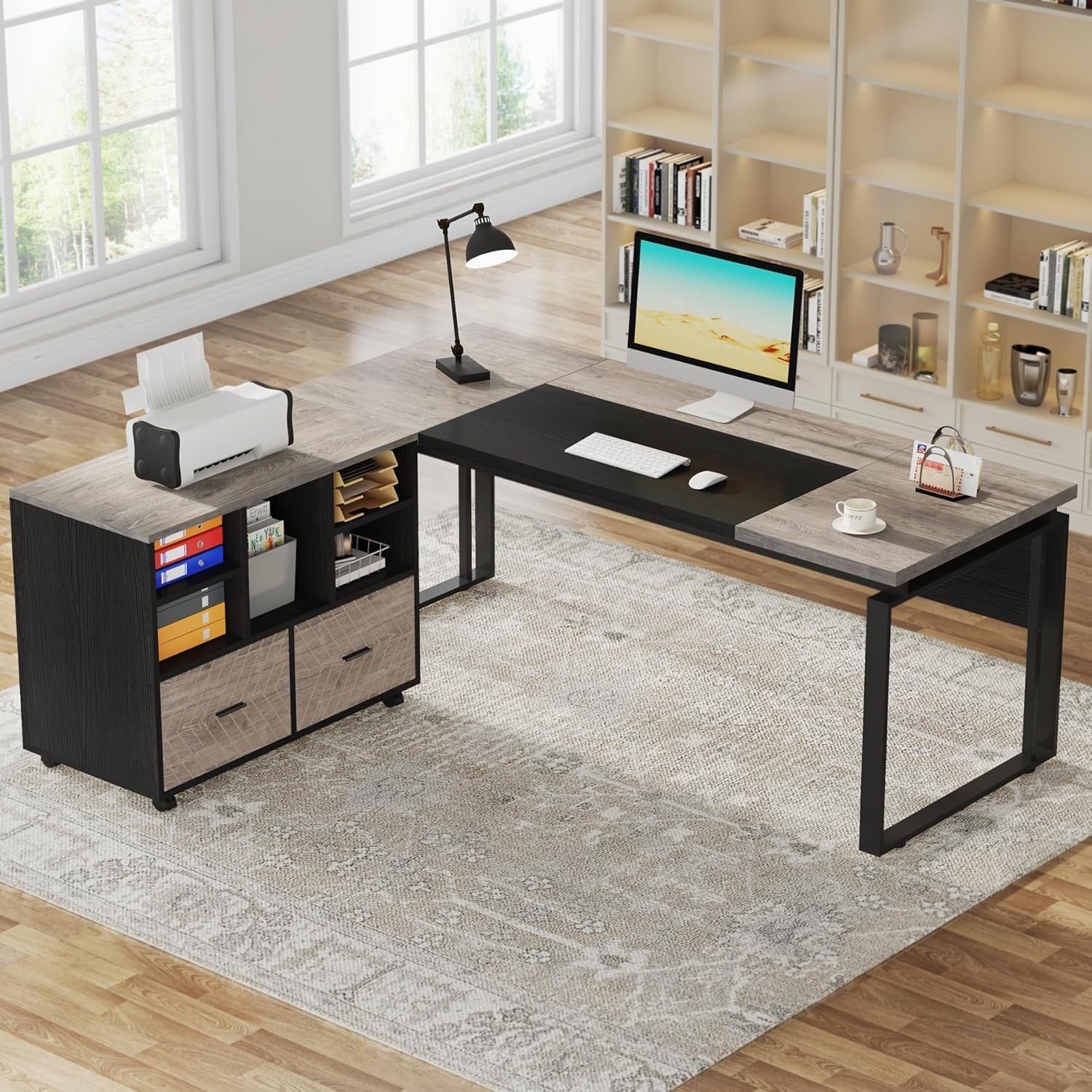 L-Shaped Executive Desk with Reversible File Cabinet, 63" Office Desk with Storage Drawers, L-Shaped Computer Desk with Drawer Cabinet for Hanging Letter Size Files (Gray & Black)-4