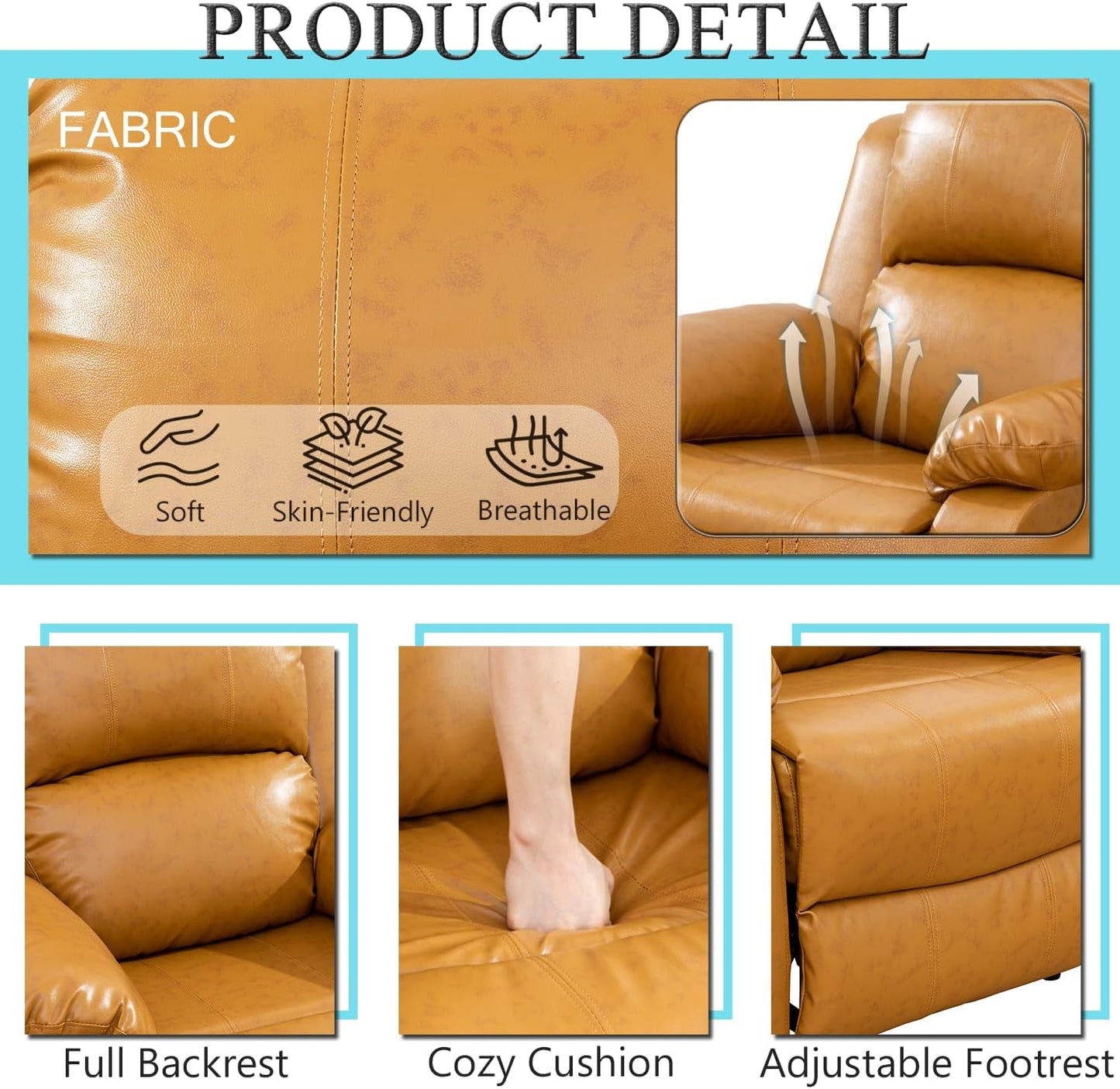 Leather Recliner Sofa Set，Leather Reclining Sofa Set for Living Room Furniture Sets，Ginger Recliner Couch Set for Living Room/Office/Theater Seating(Sofa Set 3 Pieces)-3