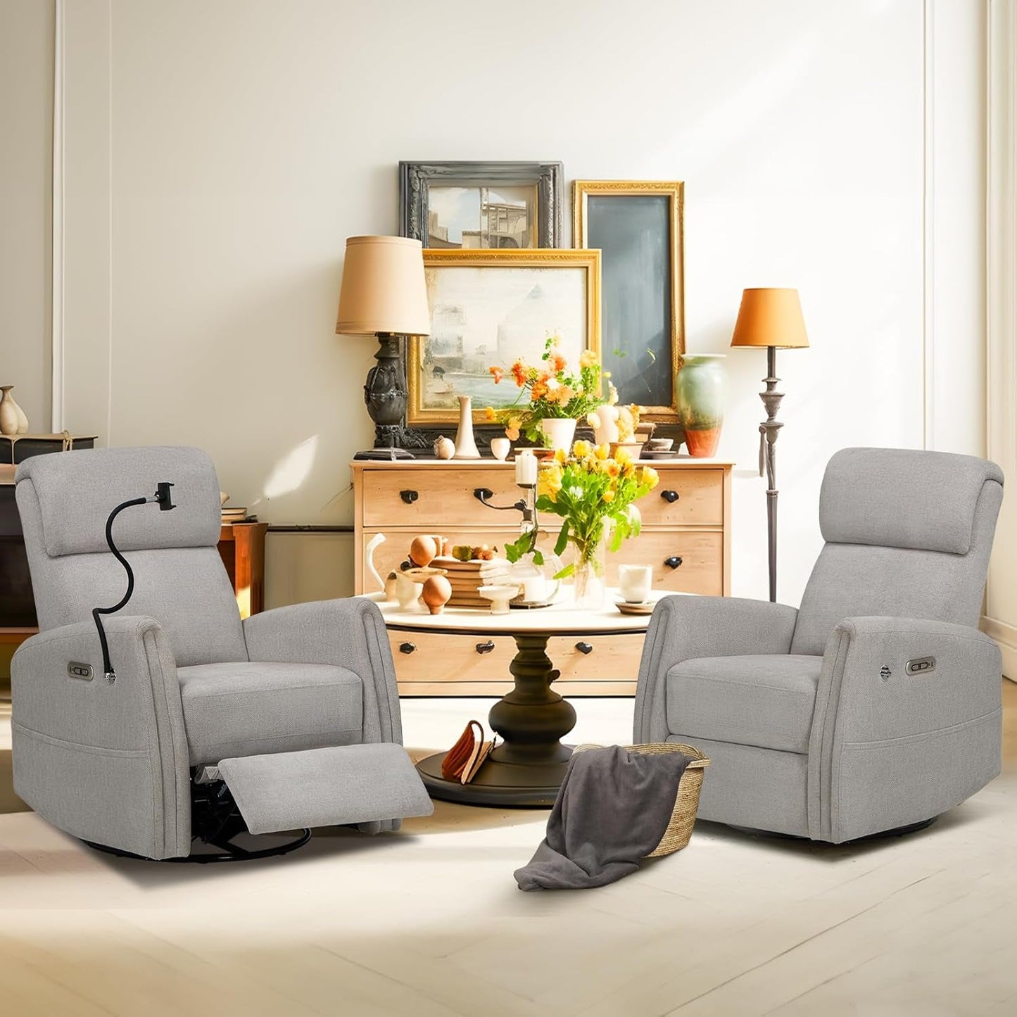 Power Recliner Chairs Swivel Glider Rocker for Nursery, Upholstered Fabric Living Room Rocking Reclining Single Sofa Chair with 2 Device Holders, Dove Grey, Set of 2-0