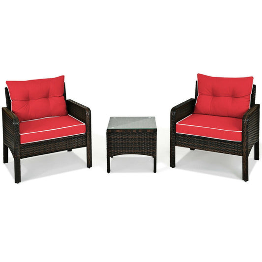 3 Pieces Outdoor Patio Rattan Conversation Set with Seat Cushions-1