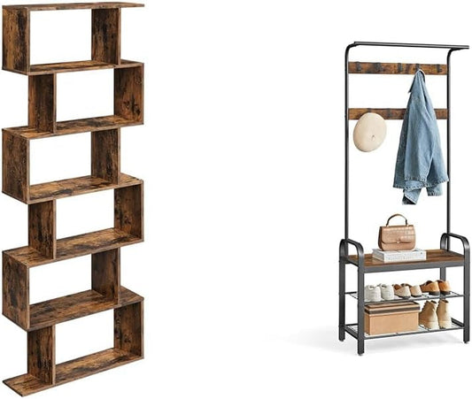 6-Tier Bookshelf, Tall Display Shelf, Freestanding Storage Shelf, Rustic Brown ULBC61BX Coat Rack, Hall Tree with Shoe Bench for Entryway, Rustic Brown and Black UHSR40B-0