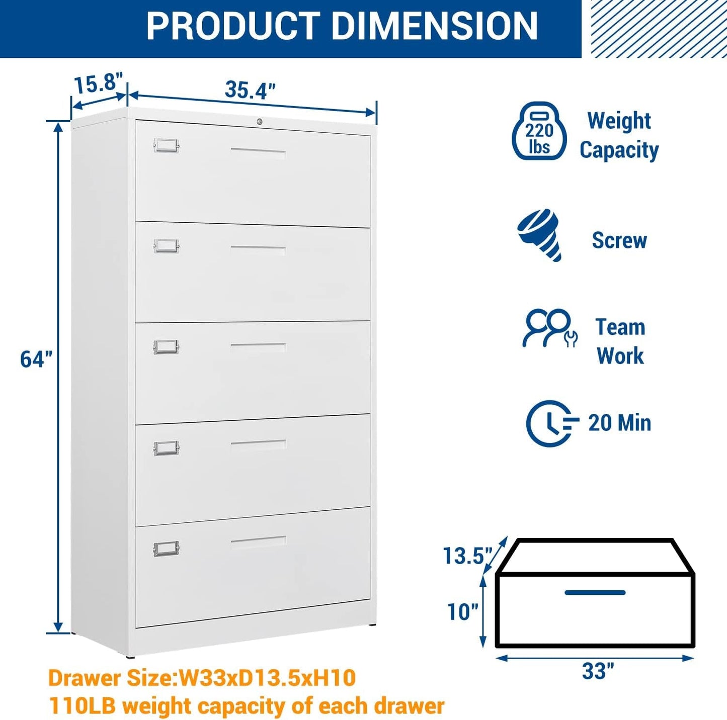 Lateral File Cabinet with 5 Drawers - White Metal Steel Filling Cabinets for Home Office - Lockable Storage Cabinet for Hanging Files Letter/Legal/F4/A4 Size-Assembly Required-2