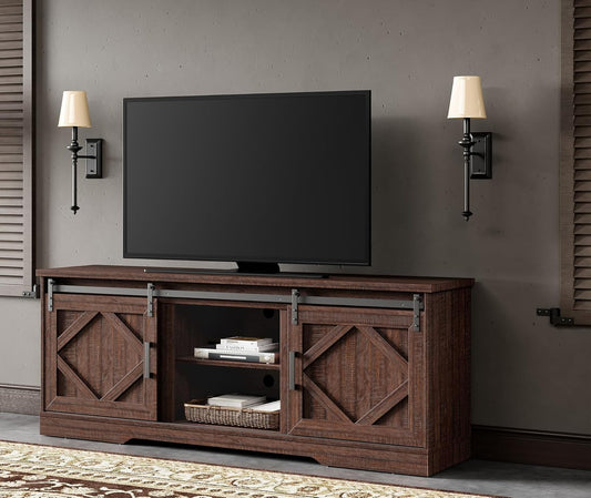 75 in Farmhouse TV Stand with Sliding Barn Door,Wood Entertainment Center with Storage for Living Room, Rustic Brown-0