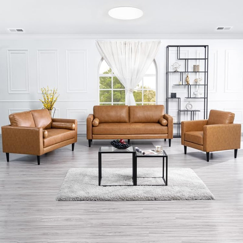 Oversized Genuine Leather Sofa Tan (3 Piece Set, Modern)-0
