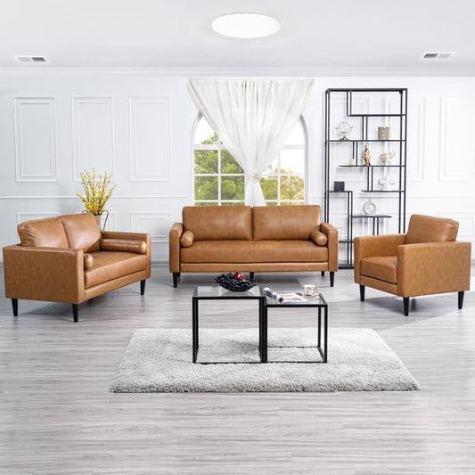 Oversized Genuine Leather Sofa Tan (3 Piece Set, Modern)-0