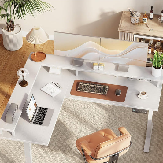 Electric L Shaped Standing Desk, 59 Inch Height Adjustable Stand up Desk with Power Outlets ＆ Full Monitor Stand, Reversible Corner Desk for Home Office ＆ Computer Workstation, White-1