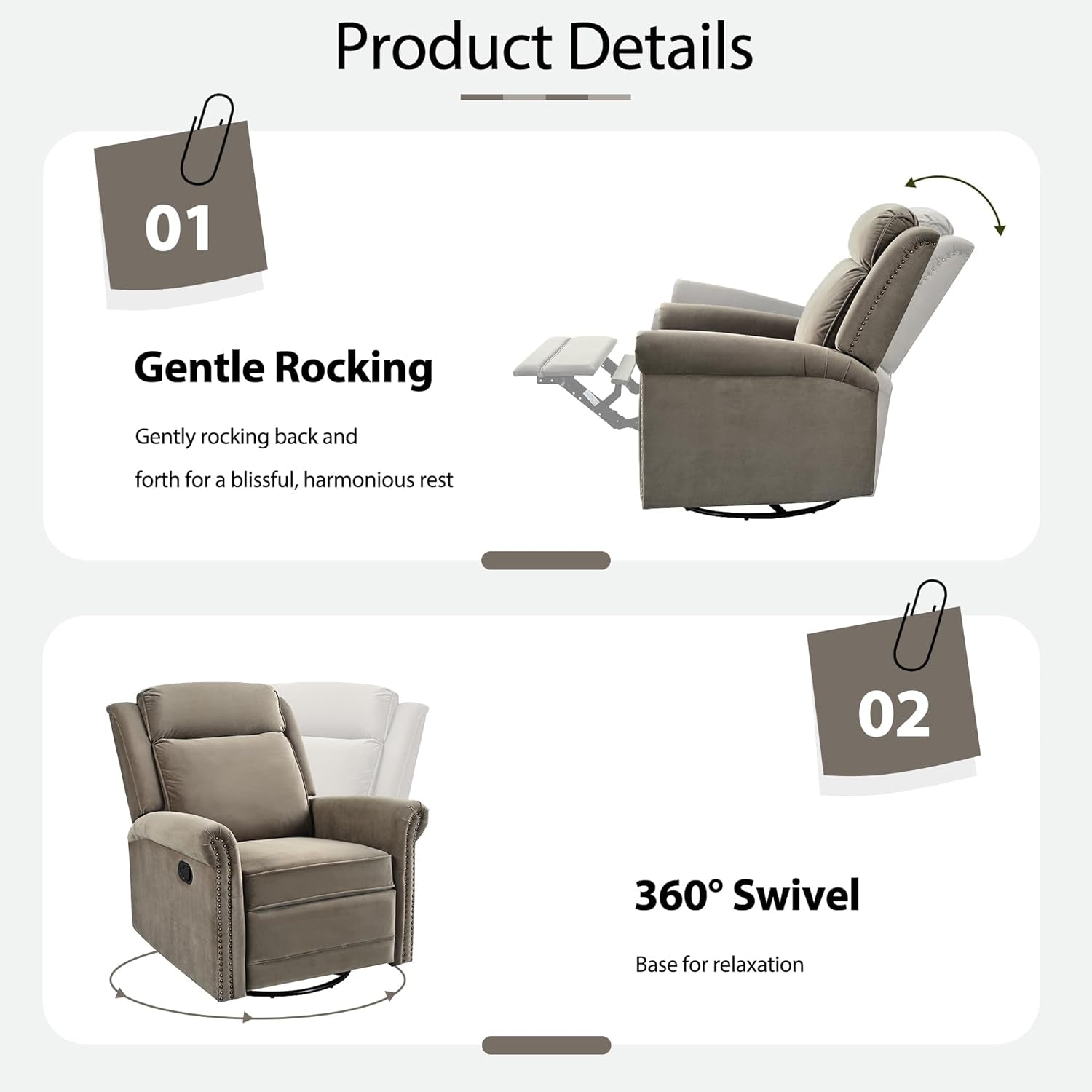 Light Brown Velvet Swivel Rocker Recliner Nailhead-3
