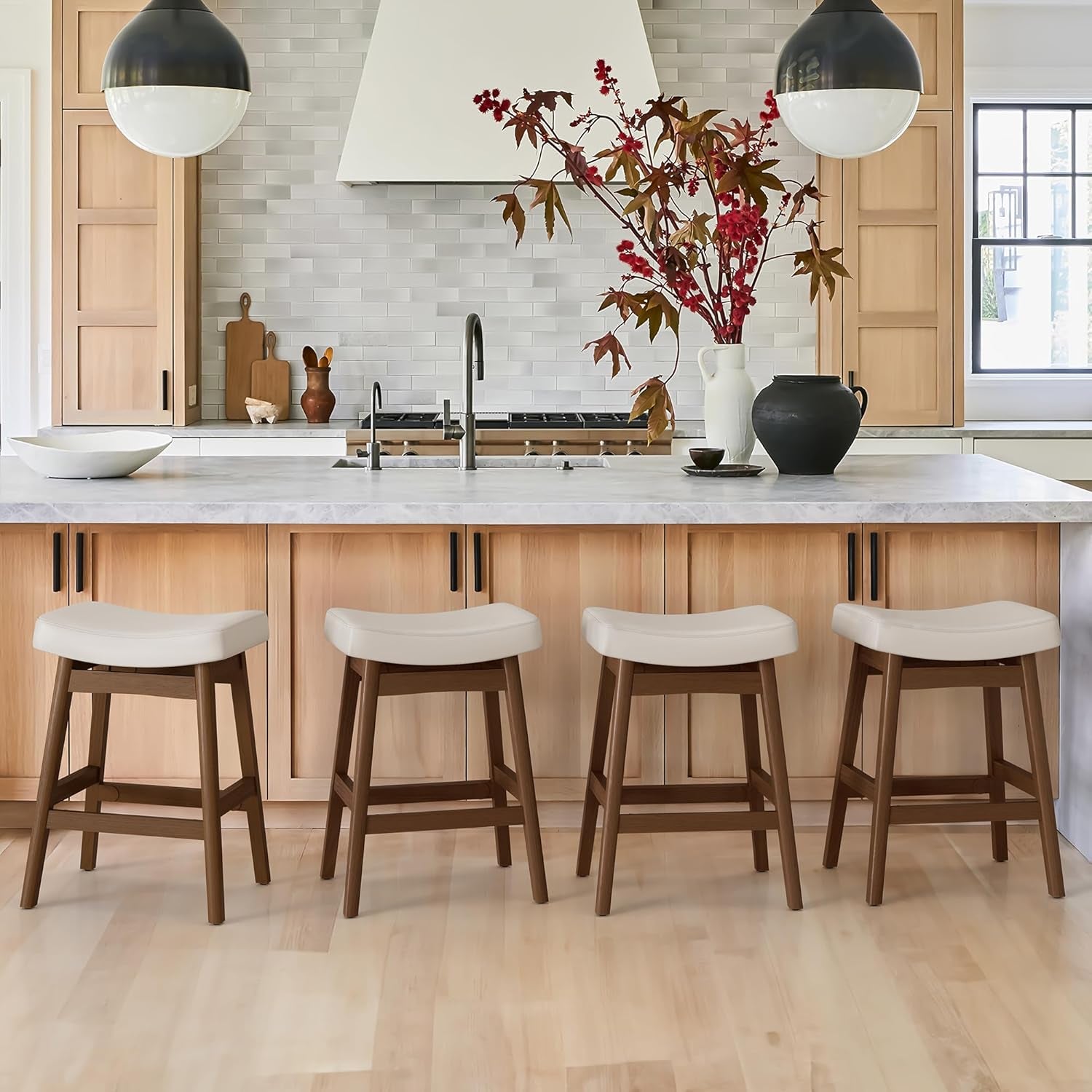 Bar Stools Set of 2, Barstools with Sturdy Wood Legs, Saddle Seat Counter Height Bar Stools for Kitchen Counter, Bar, Dining, 24 Inch Farmhouse Counter Stools, Antique White Leather-2