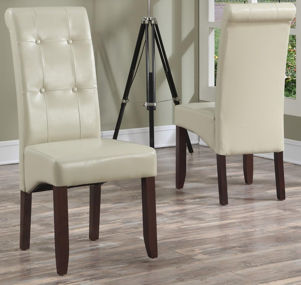 Cosmopolitan Parson Dining Chair (Set of 2), Satin Cream Faux Leather and SOLID WOOD, Square, Upholstered, for the Dining Room, Contemporary Modern-2