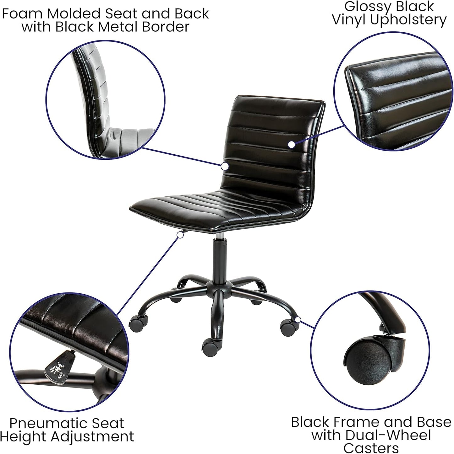Alan Office Task Chair - Black Vinyl - Black Frame - Armless - Ribbed Back and Seat - Low Back Design-3