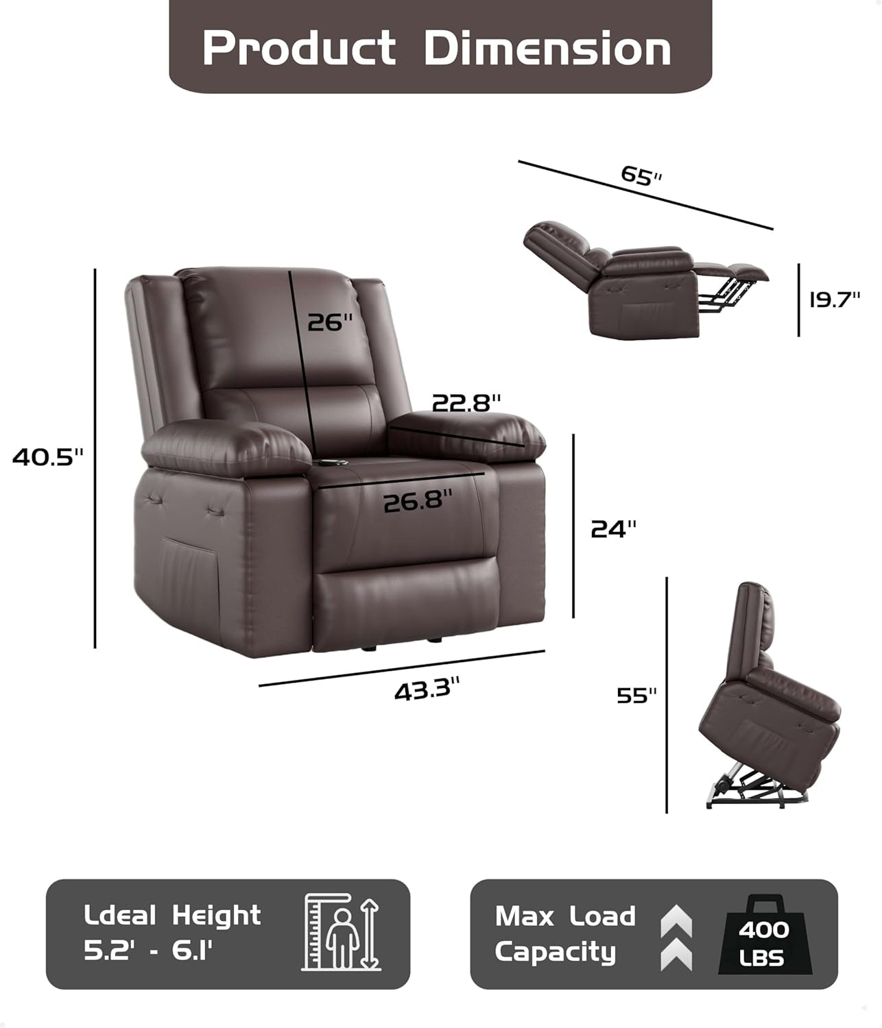 Oversized Wide Power Lift Recliner Chair - Heat and Massage, Adjustable Back and Legs, PU Leather Electric Lift Chair Designed for the Elderly and People with Mobility Impaired-2