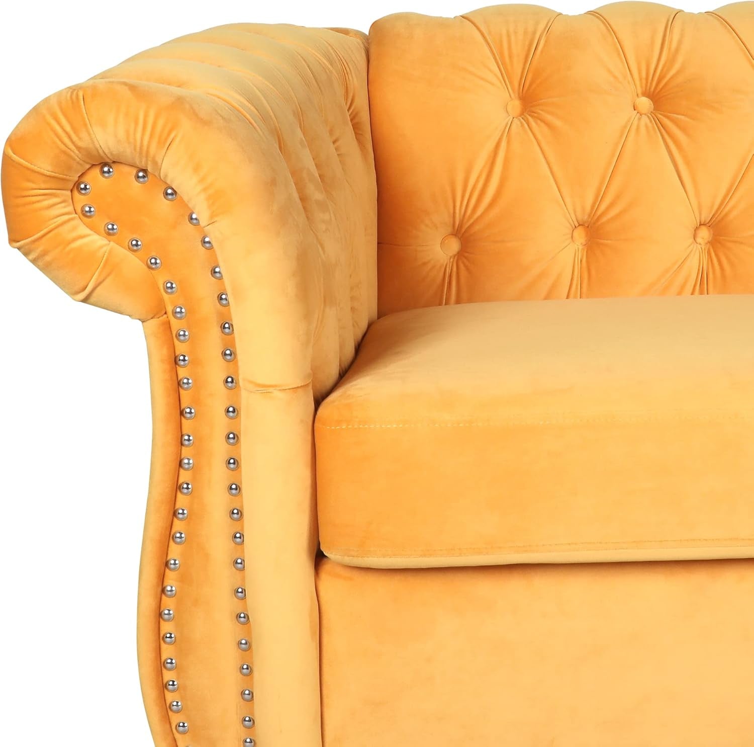 3 Pieces of Living Room Furniture Sofa Sets, Modern Velvet Chesterfield Sofa&Chesterfield Club Chair&Chesterfield Loveseat Sofas Set with Nailhead Trim Scroll Arms for Living Room(Mango)-3