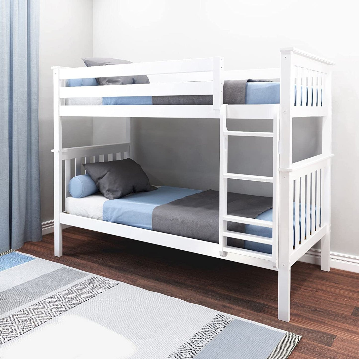 Bunk Bed Twin over Twin, Solid Wood Bunk Bed Frame with Ladder for Kids, 14" Safety Guardrails, Easy Assembly, No Box Spring Needed, White-0