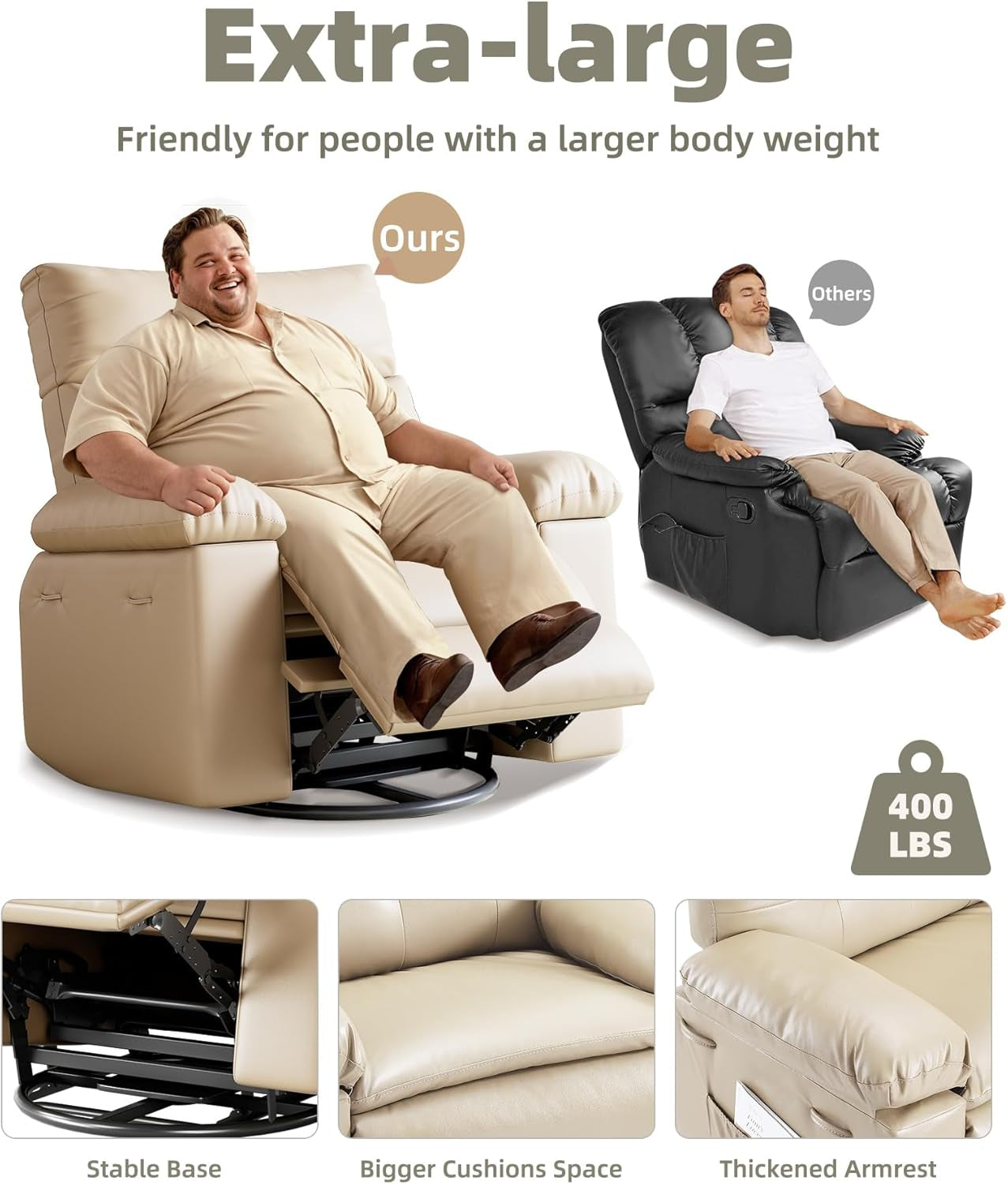 Oversized Wide Recliner Chair - Heat and Massage, PU Leather Large Manual Recliner for Adults, Comfort Lazy Chair with 1.5X Sponge Filling and Easy Recline Mechanism for Relaxation-2