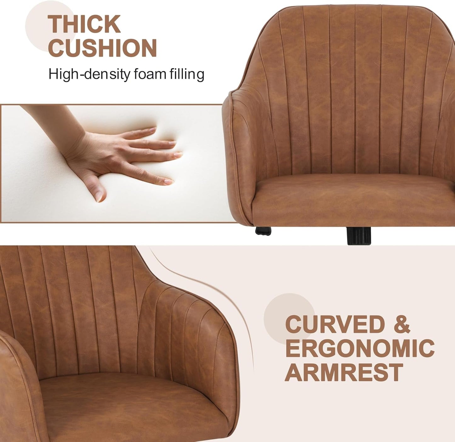 Modern Faux Leather Desk Chair Height Adjustable Task Chair Swivel Office Chair Makeup Chair Computer Chair Mid Back Chair Living Room Chairs with Arms Retro Brown-4