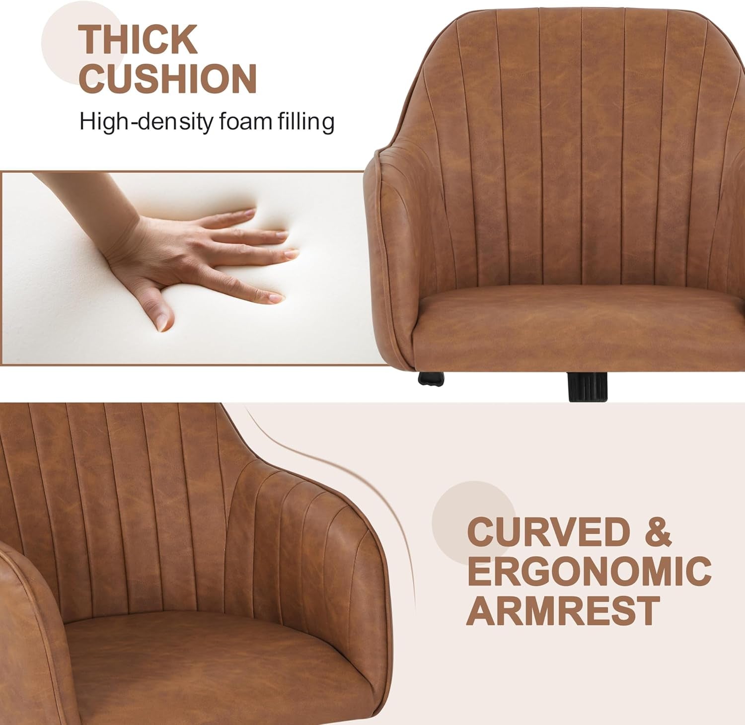 Modern Faux Leather Desk Chair Height Adjustable Task Chair Swivel Office Chair Makeup Chair Computer Chair Mid Back Chair Living Room Chairs with Arms Retro Brown-4