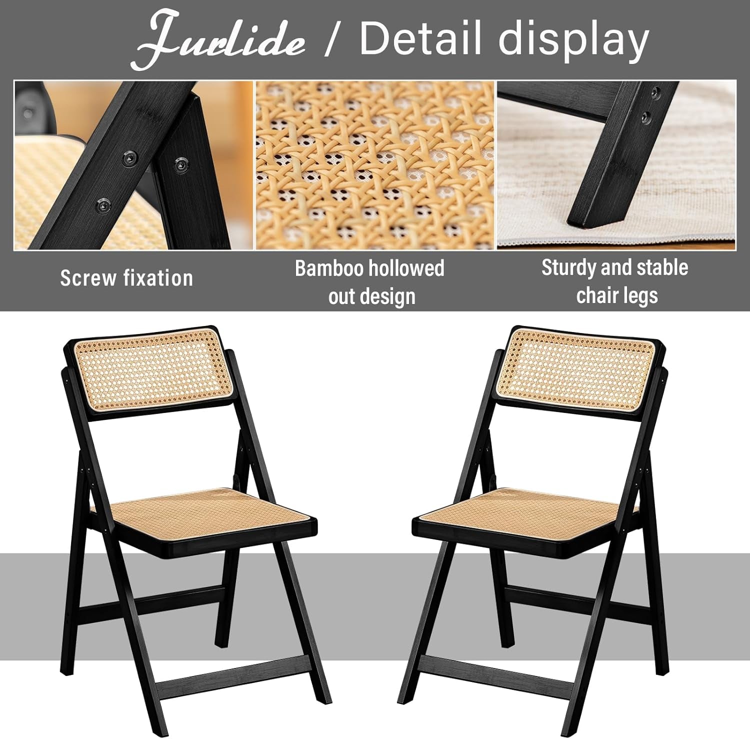 Rattan Folding Chairs, Modern Mid Century Dining Chairs Set of 2, Outdoor Bamboo Chairs for Bedroom Living Room Reading Room Dining Kitchen, Black-4