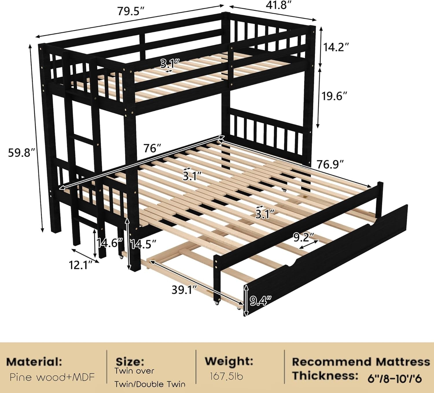 Twin over Twin/King Bunk Beds with Trundle, Twin over Pull-Out Bunk Bed Accommodate 4 People for Kids, Adult, Extendable Bunk Beds with Ladder and Safety Rail,Espresso-1