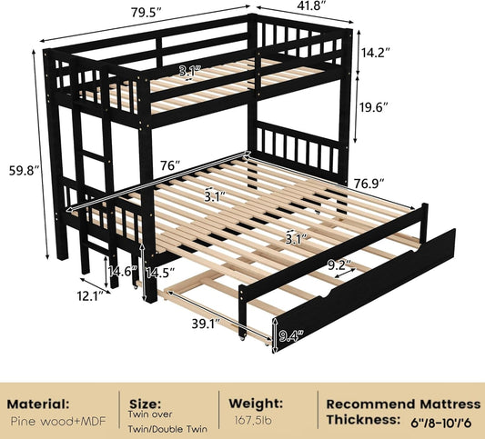 Twin over Twin/King Bunk Beds with Trundle, Twin over Pull-Out Bunk Bed Accommodate 4 People for Kids, Adult, Extendable Bunk Beds with Ladder and Safety Rail,Espresso-1