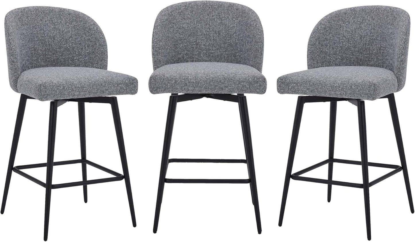 Counter Height Bar Stools Set of 3, 360° Swivel Upholstered Barstools with Backs and Metal Legs, 26" H Seat Height, Fabric in Grey (Multi-Colored)-2