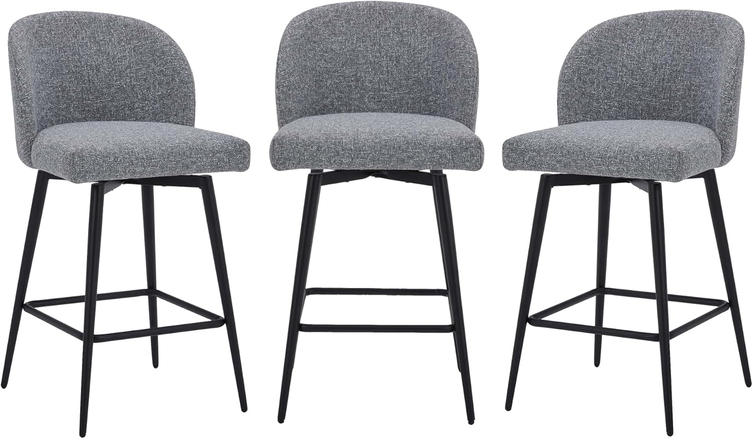 Counter Height Bar Stools Set of 3, 360° Swivel Upholstered Barstools with Backs and Metal Legs, 26" H Seat Height, Fabric in Grey (Multi-Colored)-2