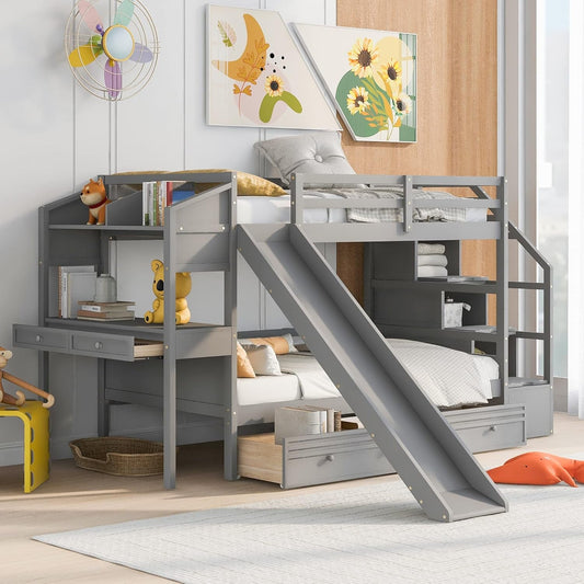 Twin over Twin Bunk Bed with Stairs, Slide, Desk, Solid Wood Bunk Bed with Storage Drawers and Shelves, for Kids Teens Adults (Gray)-0