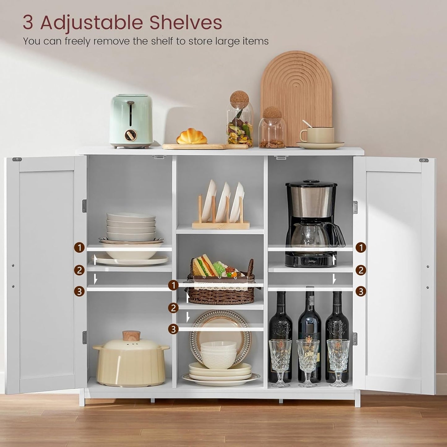 Storage Cabinet with 2 Doors and 4 Storage Shelves, Credenza Buffet Cabinet, Bathroom Cabinet for Living Room, Entryway, Home Office, White-3