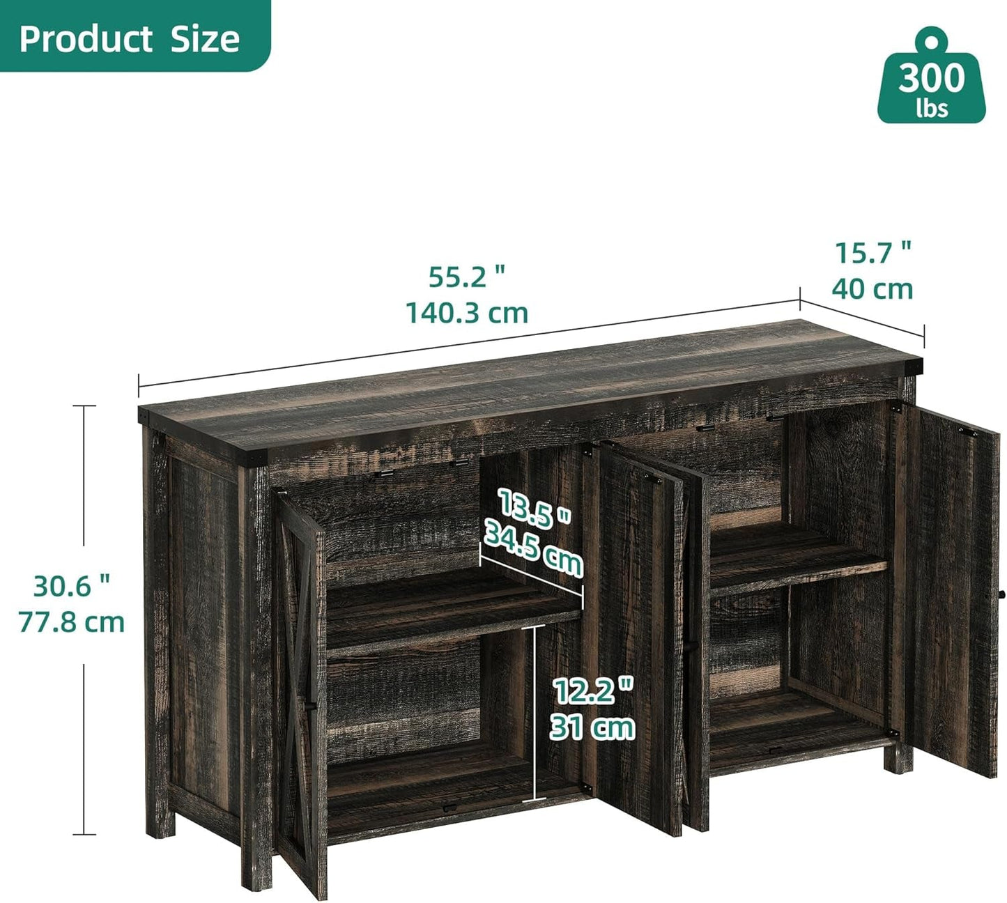 Farmhouse Sideboard Buffet Cabinet with Storage with 4 Doors, 55'' Large Kitchen Storage Cabinet, Wood Coffee Bar Cabinet with Adjustable Shelf for Kitchen, Living Room, Dark Oak-1