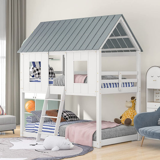 Twin House Bunk Bed with Playhouse, White and Gray-1