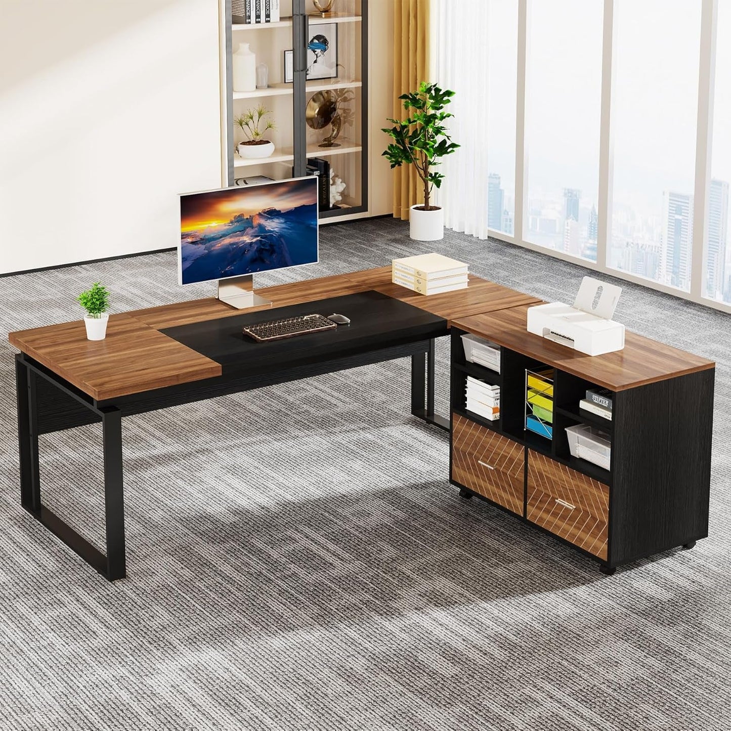 L-Shaped Executive Desk with Reversible File Cabinet, 63" Office Desk with Storage Drawers, L-Shaped Computer Desk with Drawer Cabinet for Hanging Letter Size Files (Walnut & Black)-0