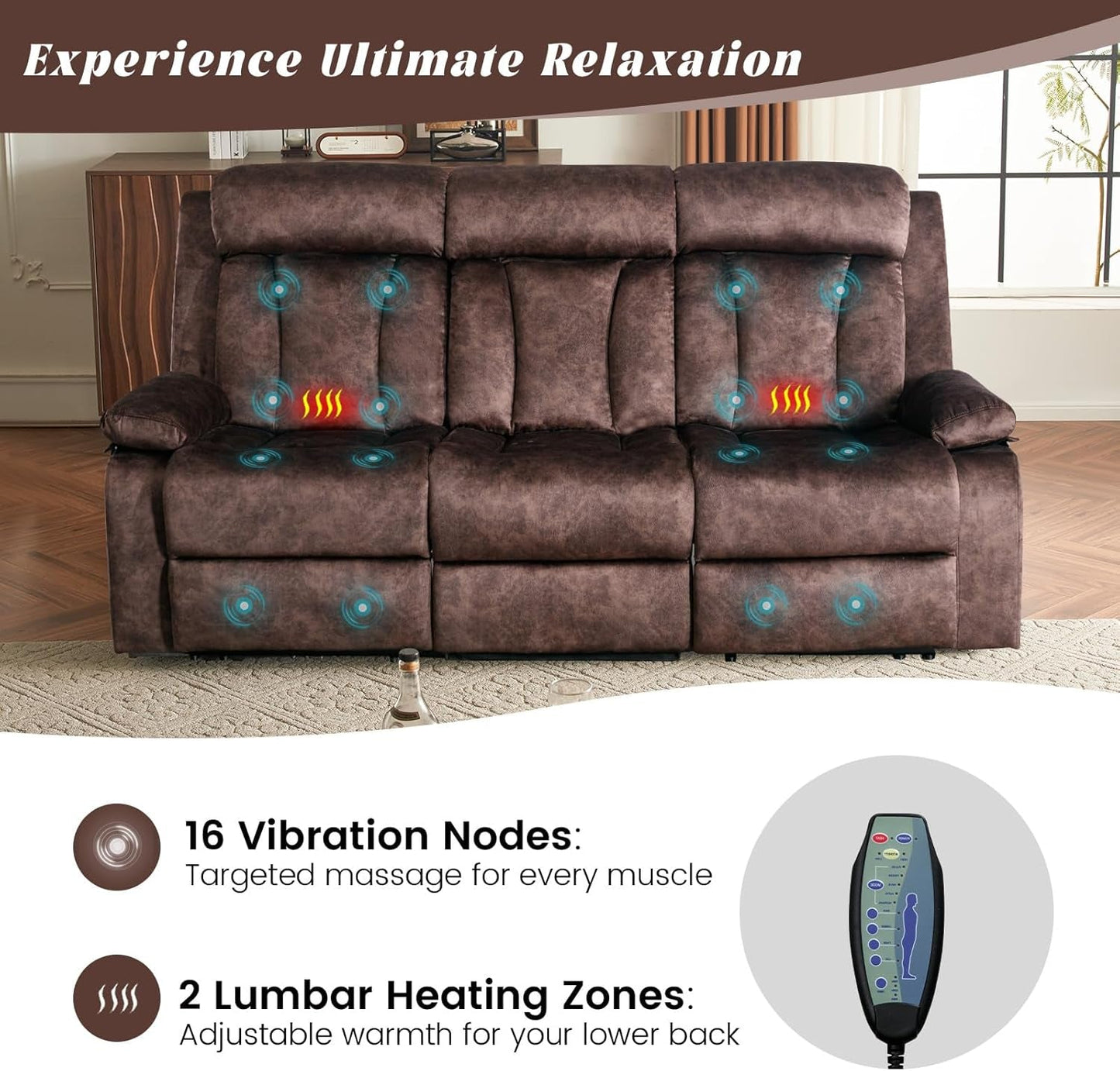 Electric Power Reclining Sofa Set - 3-Seater with Flip-Top Console & Massage Heat, Faux Leather Dual Recliner with USB Ports & Storage, Perfect for Living Room Comfort & Convenience (Brown)-4