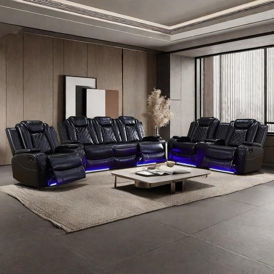 Power Recliner Set with LED Lights, Air Leather Reclining Set with USB Port/Wireless Charger/Storage Console/Cup Holder for House/Hometheater/Apt (Black, Sofa Loveseat Chair)-0