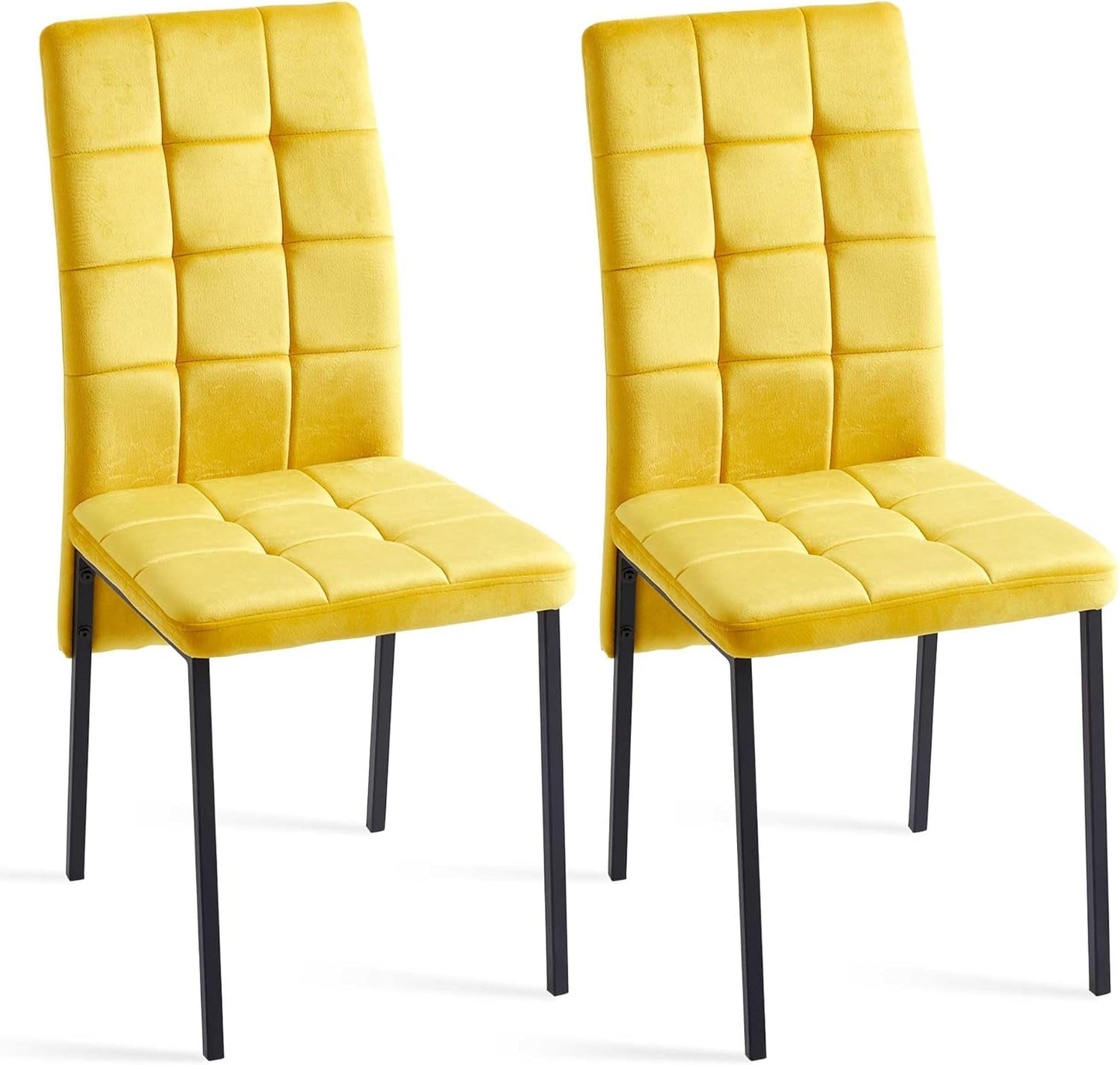 Upholstered Velvet Dining Chairs Classic Kitchen High Back Chairs Set of 2, Featured Dovetail Tufted Side Chairs, Black Metal Legs, Yellow-0