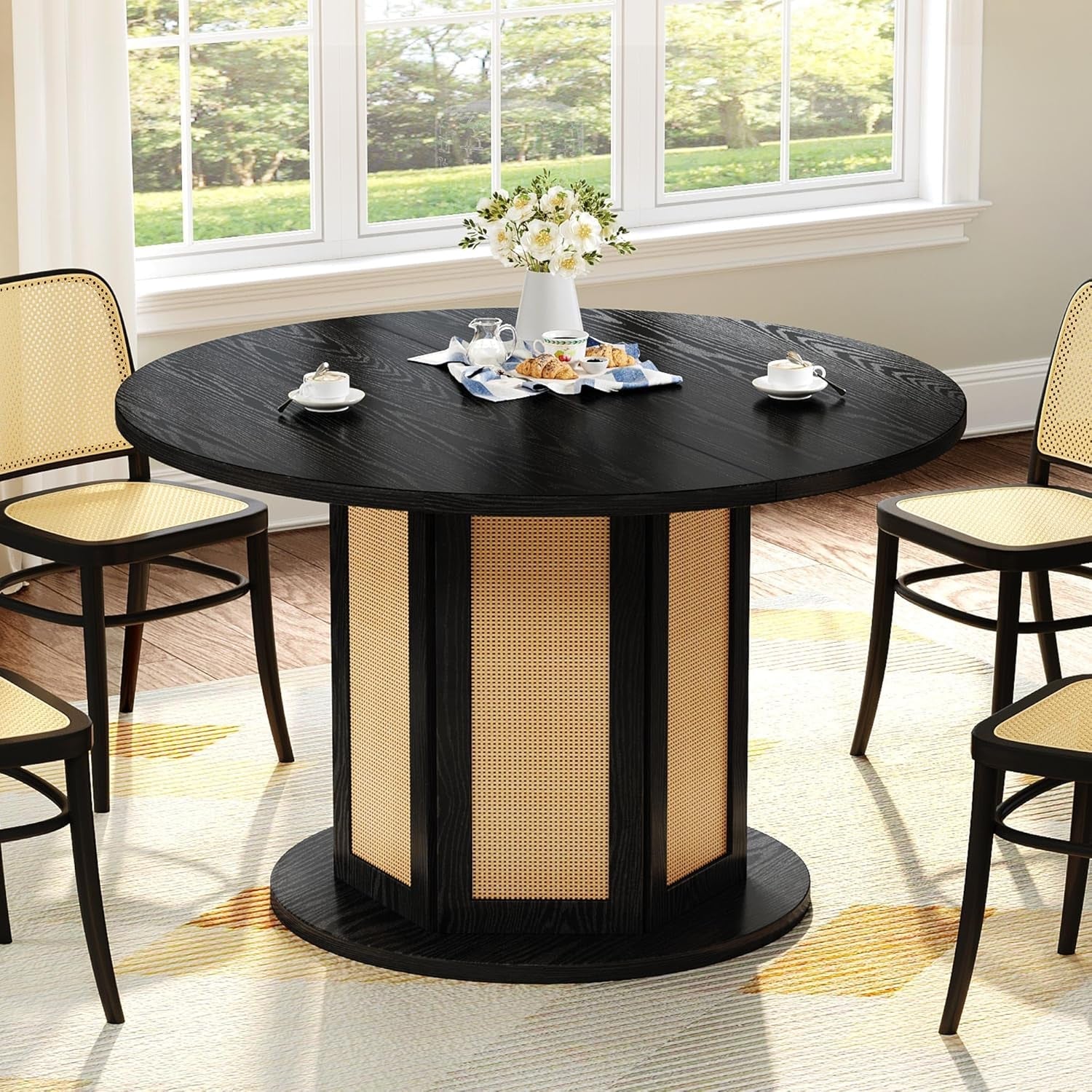 round Dining Table for 4-6 People 47 Inch Circle Dining Table with Wooden Rattan Base Modern Farmhouse Kitchen Table round for Dining Room Kitchen Apartment Black-0