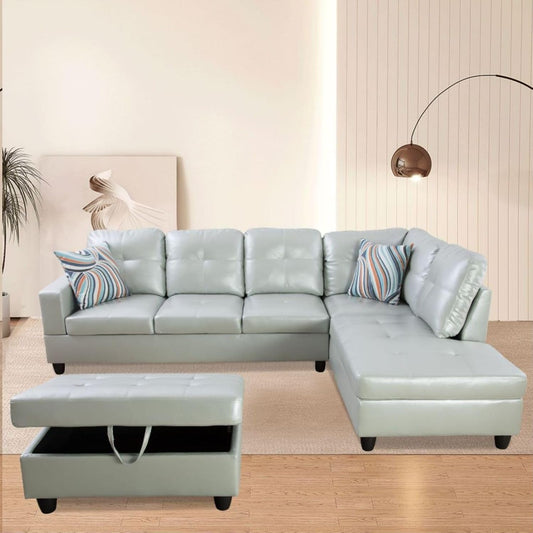 L-Shaped 3-Piece Semi PU Synthetic Leather Sofa with Storage Ottoman Set, Sectional Couch Sofa Set for Living Room, Office, Small Space, Silver Green-0