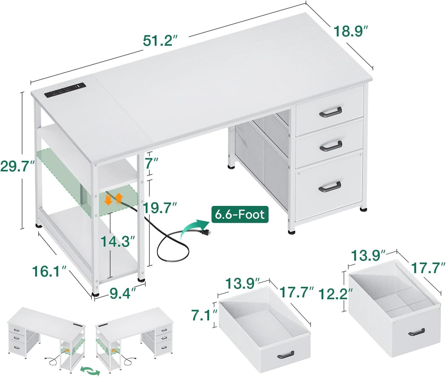 51 Inch Computer Desk with Fabric Drawers & USB Power Outlets- Reversible Home Office Desk with Storage Shelves, Work from Home, Modern Work/Writing/Study Table for Bedroom, White-2