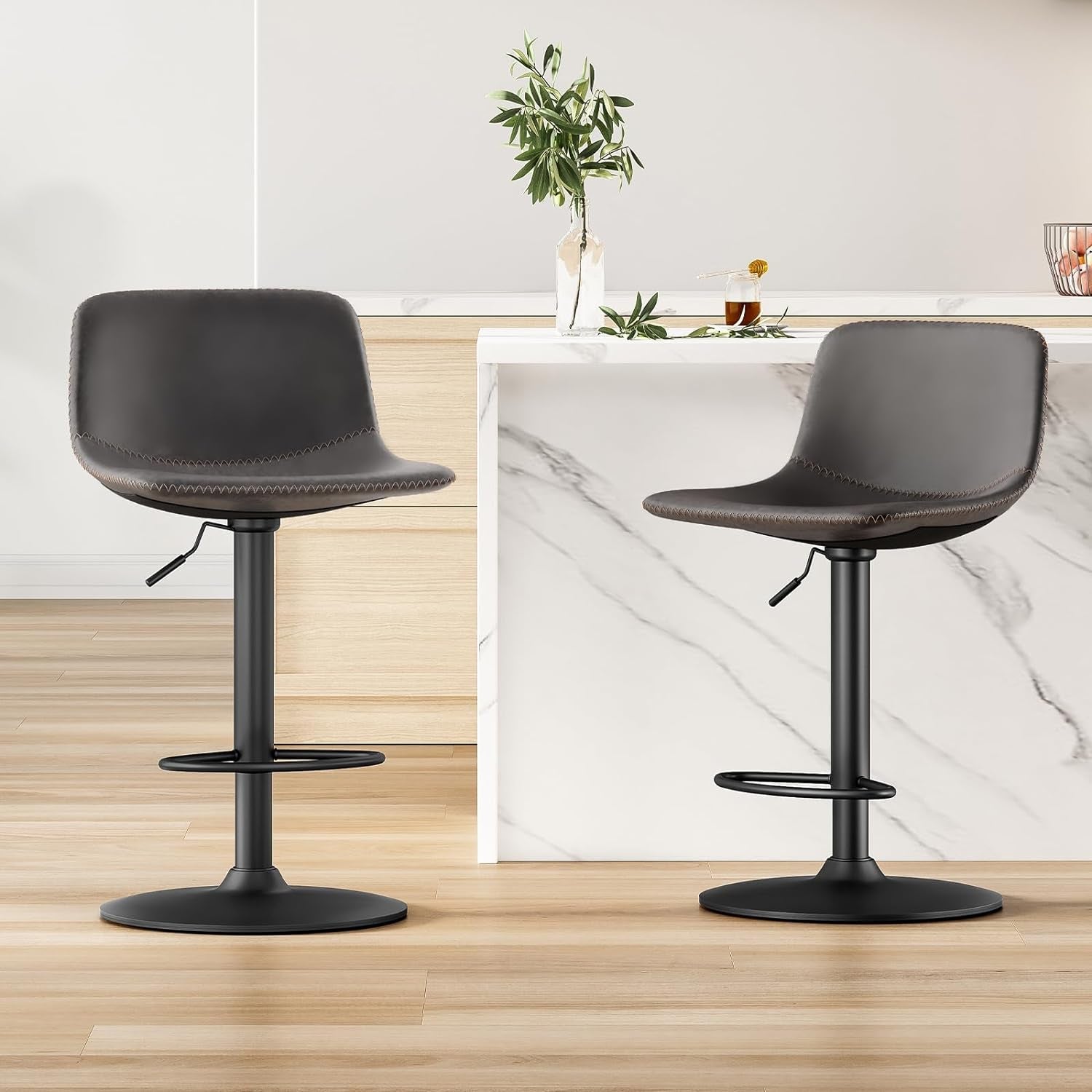 Adjustable Bar Stools Set of 2, Mid Century Modern Swivel Bar Stools, Industrial Bar Height Stools with Back Support Counter Height Bar Chairs Pu Leather Bar Stool for Kitchen Island Rustic Barstools-0