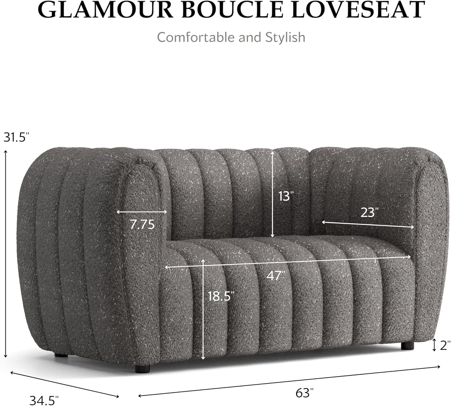 Glamour Contemporary Vertical Channel Tufted Boucle 3-Piece Sofa Set with Wooden Legs for Living Room, Home Office, Bedroom, Charcoal Gray-3