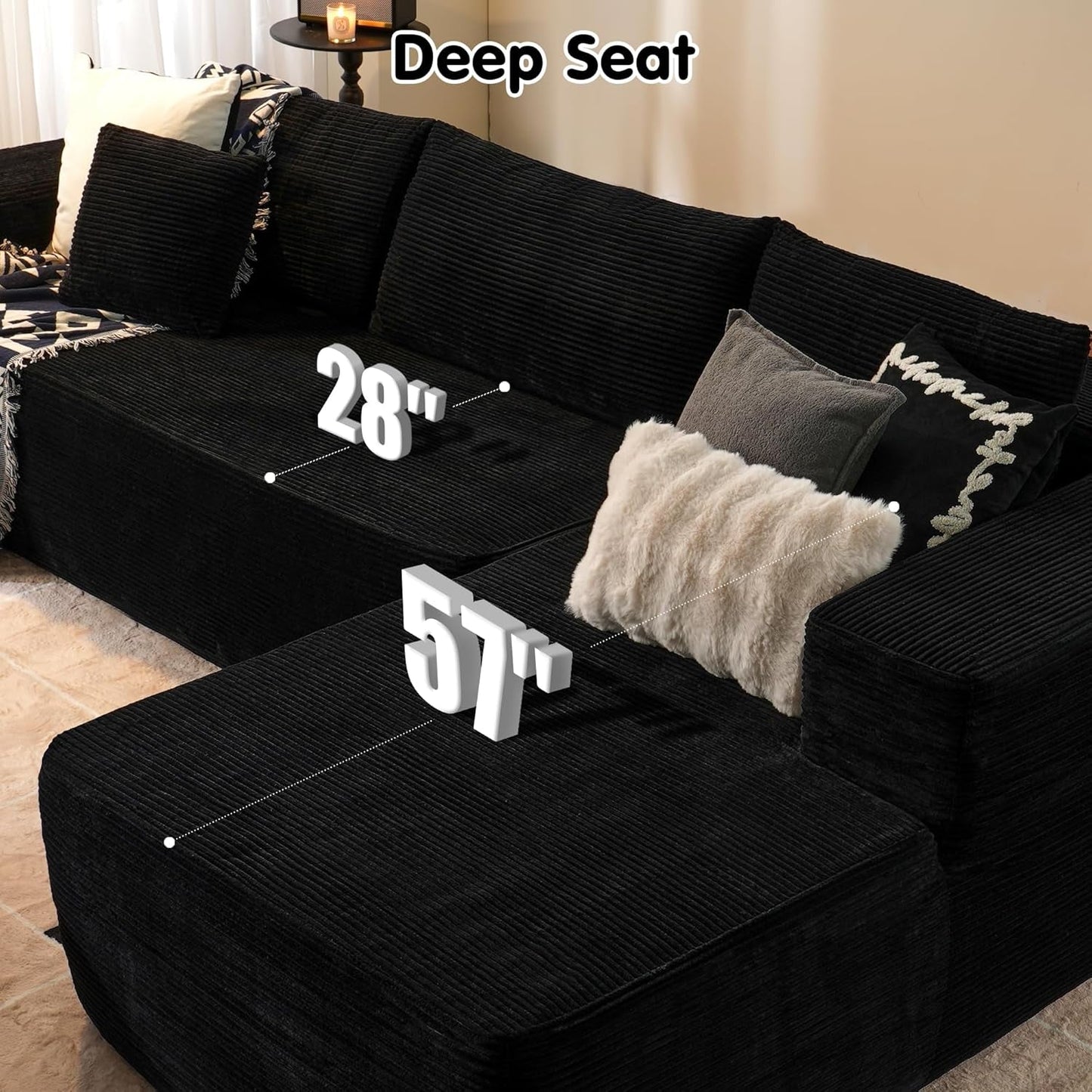 104" Cloud Sectionl Couch with L-Shpe Chise,Modern Modulr Sof with Deep Set, Upholstered Couches for Living Room Bedroom,No ssembly Required, Blck (Corduroy Fbric)-2